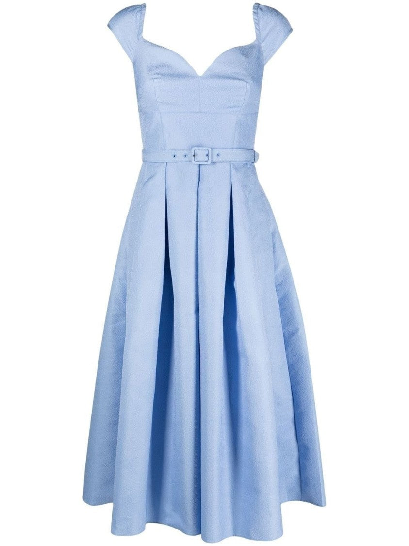 Self-Portrait Structured Blue Taffeta Midi Dress With Sweetheart Neckline And Pleated Skirt