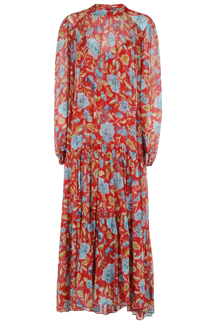 Rixo Tiered Floral Midi Dress With High Neckline