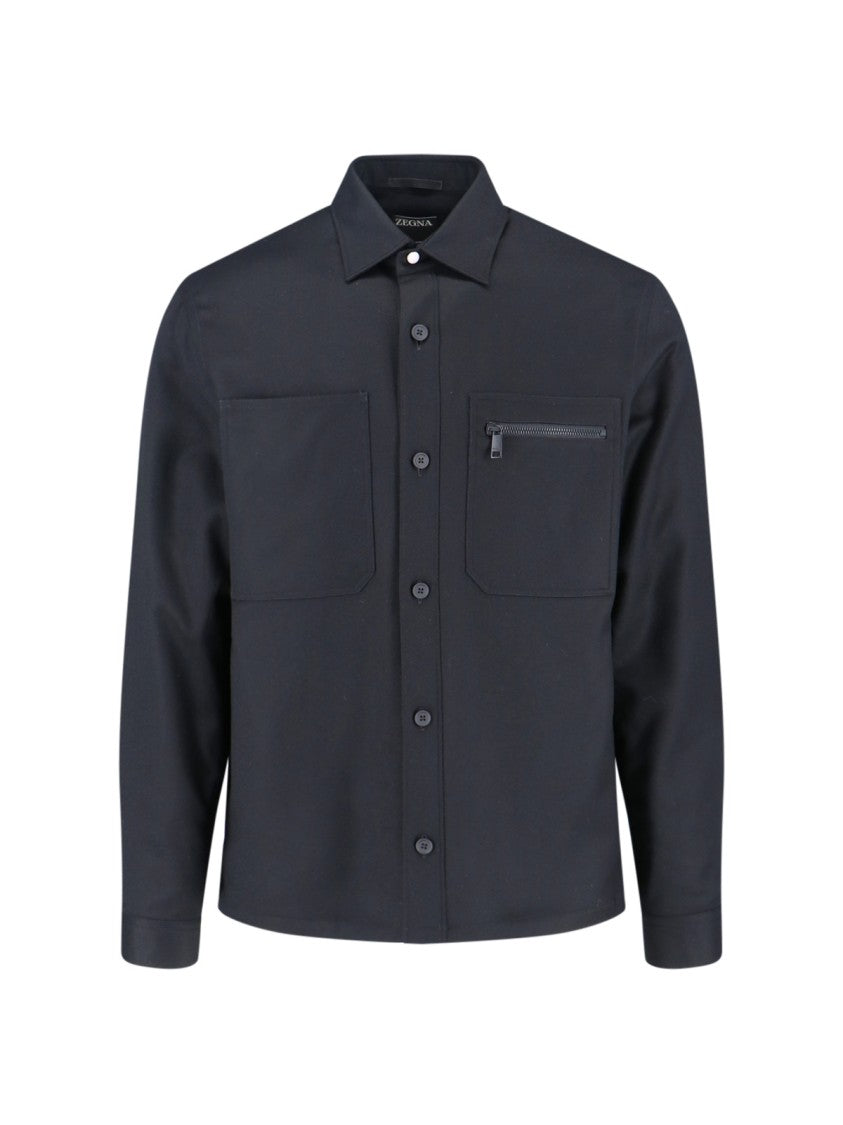 Zegna Techmerino Black Shirt With Classic Collar And Tailored Fit