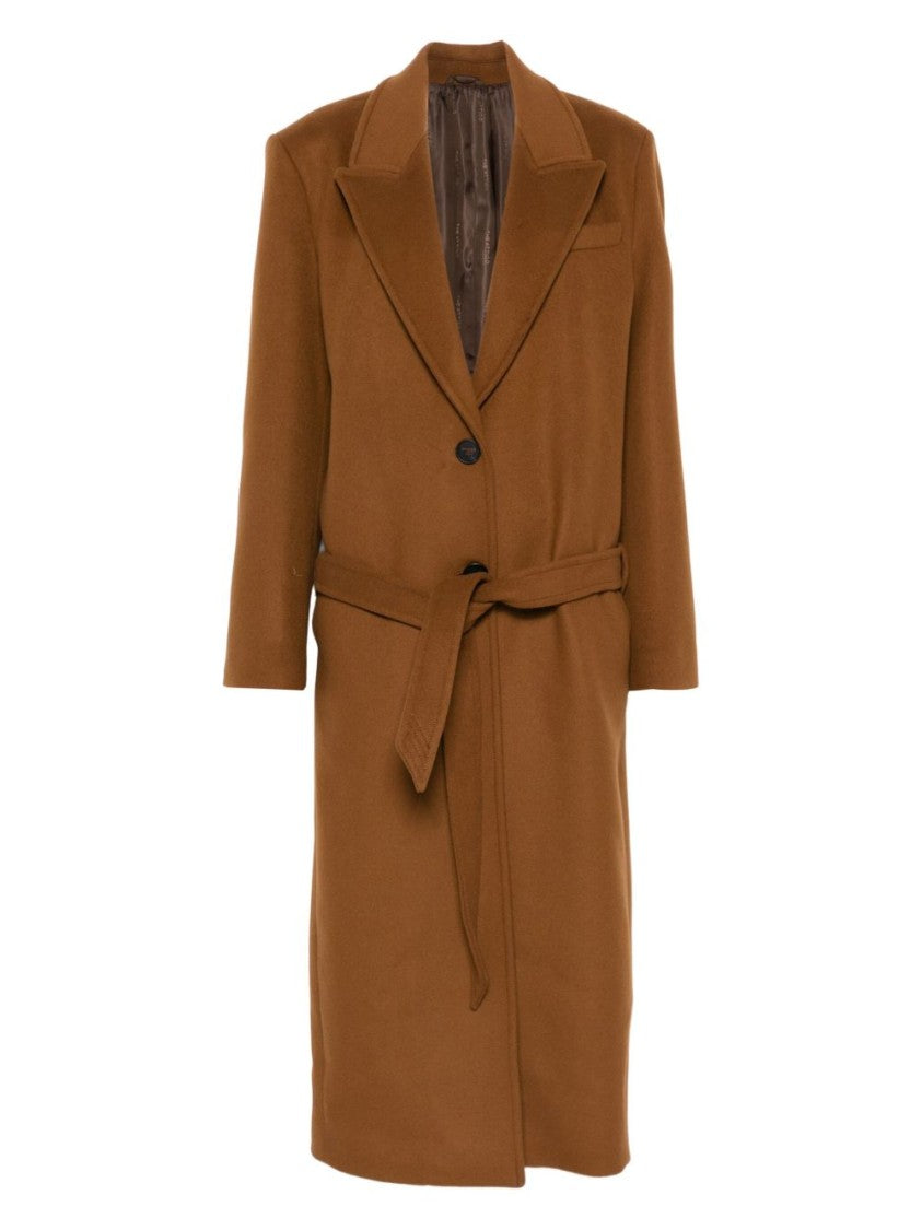 The Attico Long Camel Coat With Tailored Waist