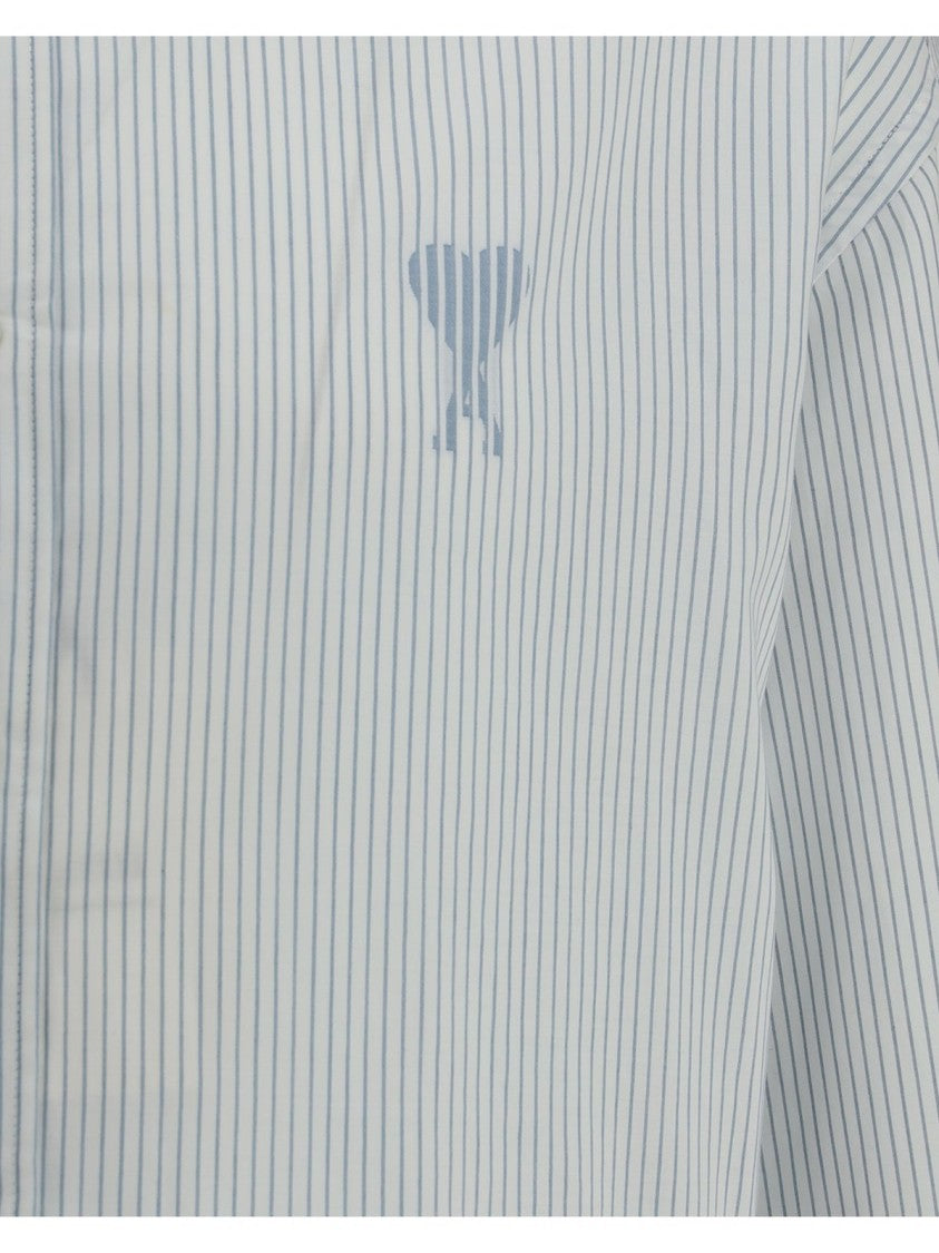 Ami Paris Long-Sleeve White Shirt With Subtle Vertical Stripes