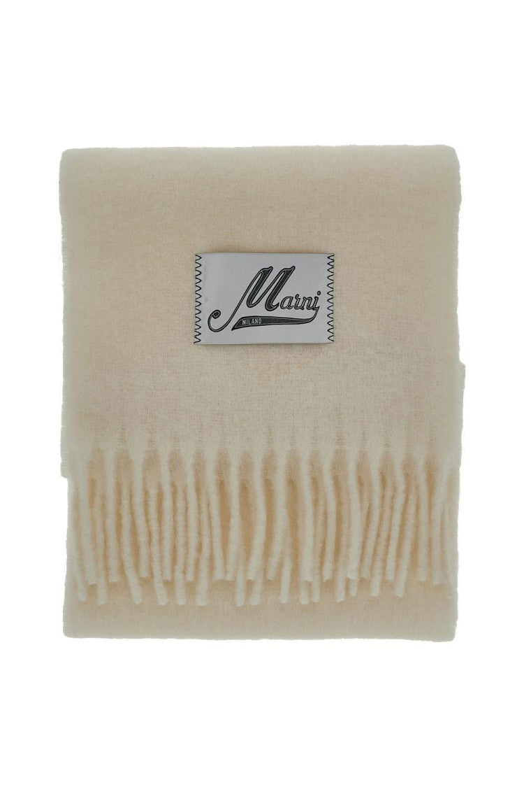 Marni Fringed Wool Scarf With Logo Label