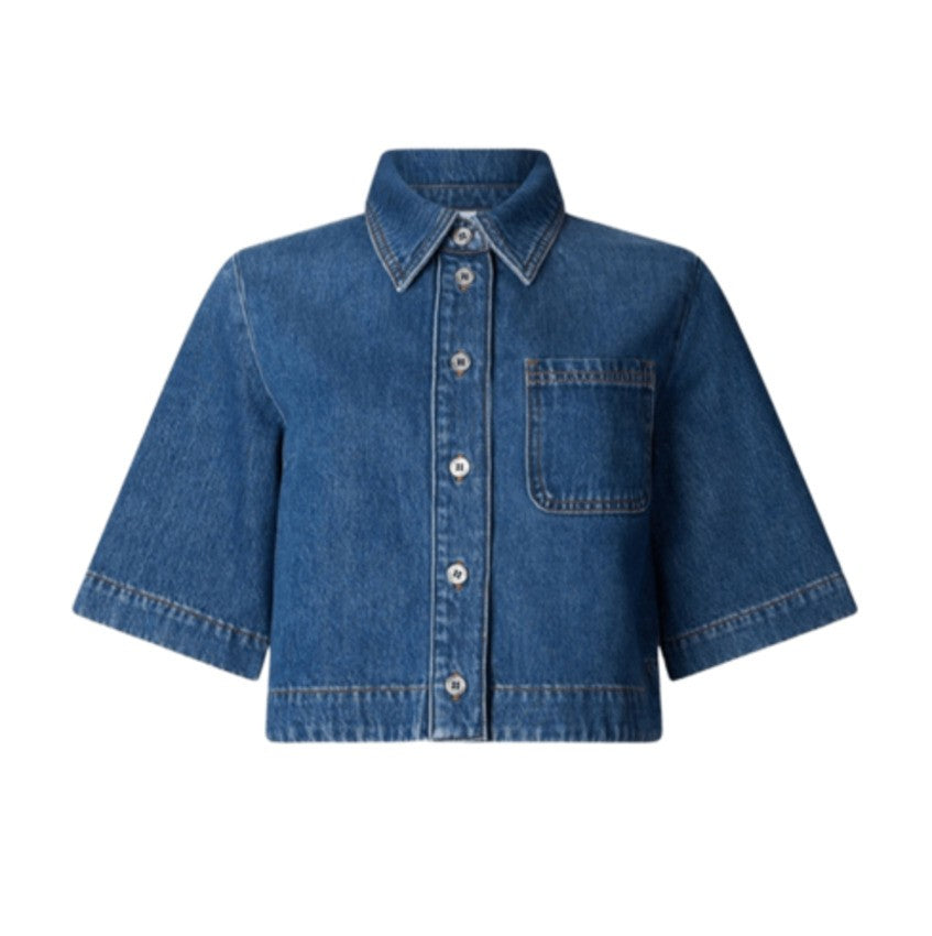 Liu Jo Boxy Cropped Denim Shirt With Logo Patch