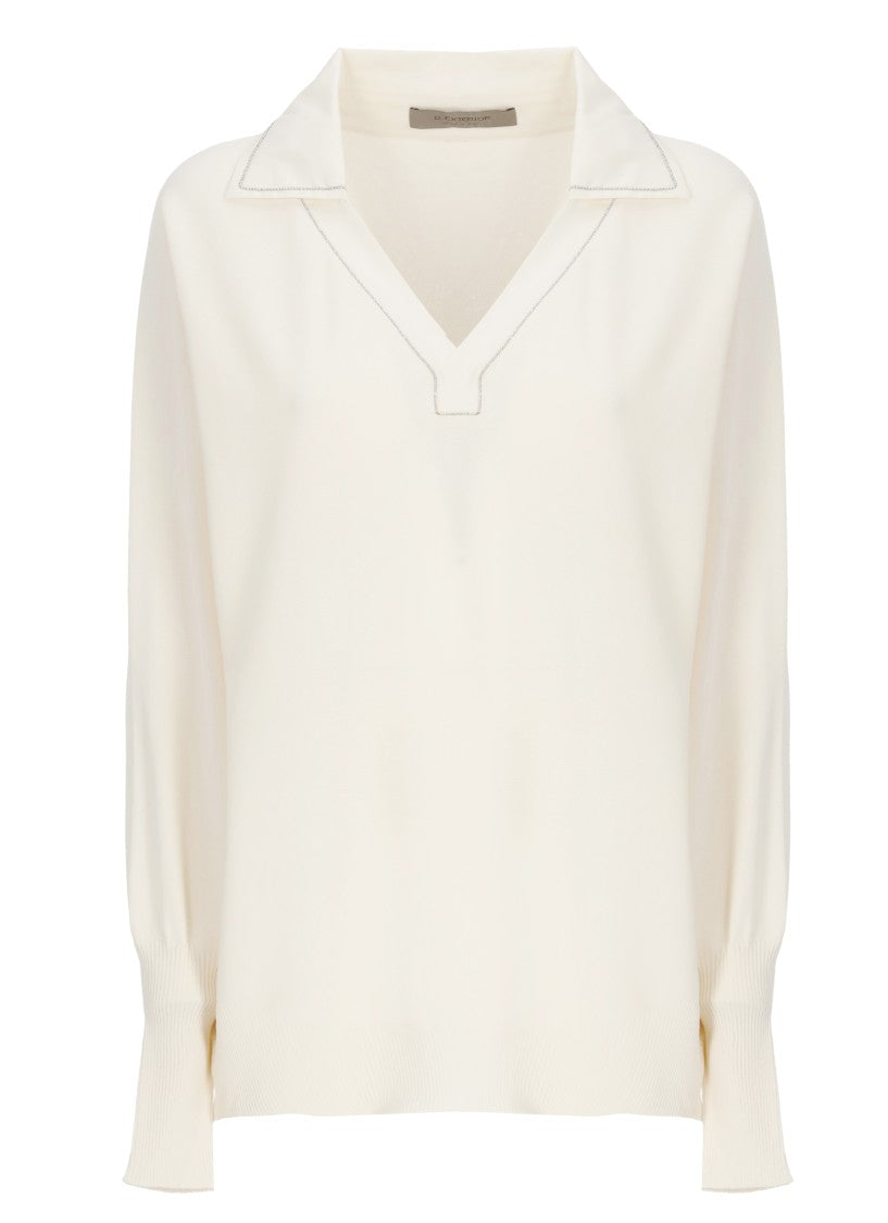 D. Exterior Ivory Embellished Viscose Long-Sleeve Polo Shirt