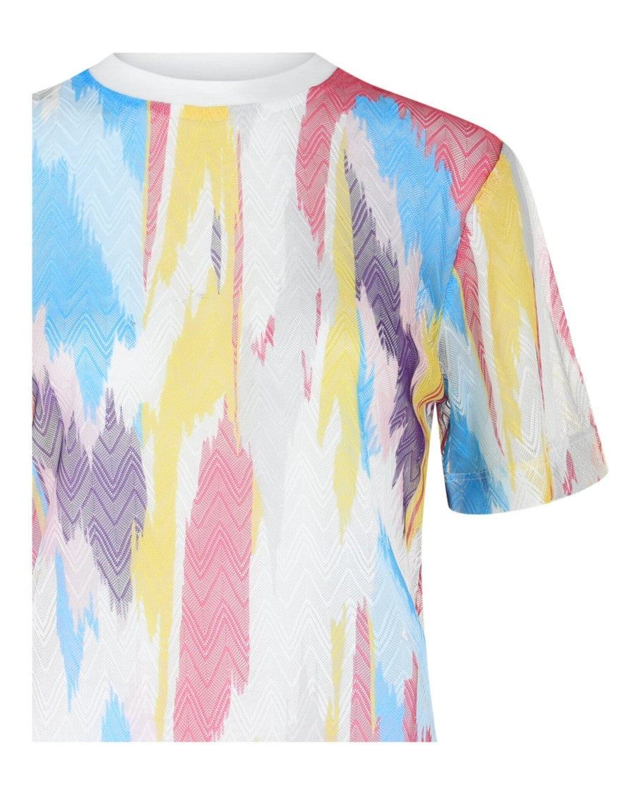 M Missoni Sheer Mesh Crewneck T-Shirt With Pastel Chevron Pattern