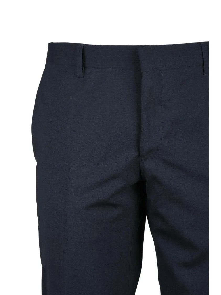 Paoloni Navy Virgin Wool Stretch Trousers With Tailored Fit