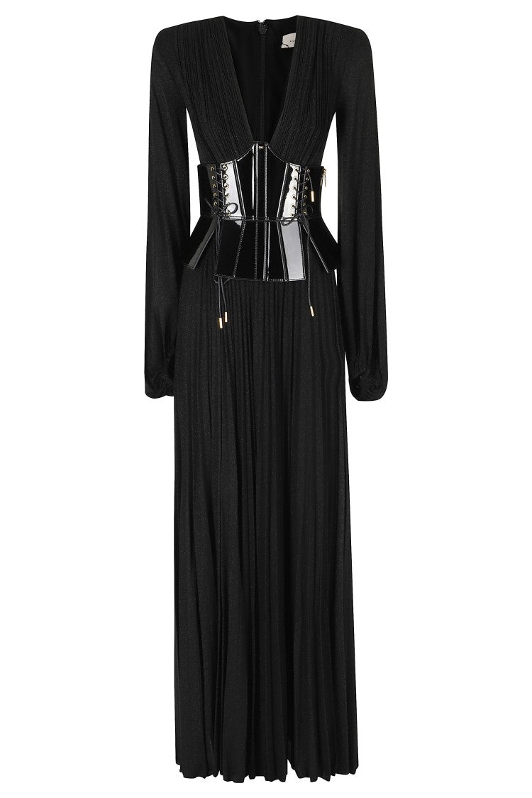 Elisabetta Franchi Black Pleated Lurex Viscose-Blend Midi Dress