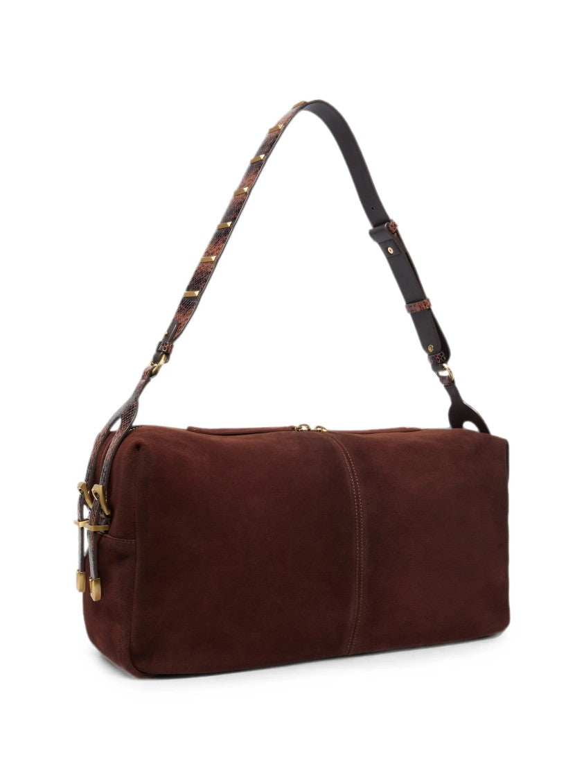 Pinko Structured Brown Suede Handbag With Snakeskin Accents