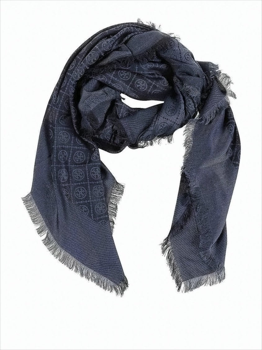 Tory Burch Navy Silk-Wool Blend Scarf With Geometric Motifs