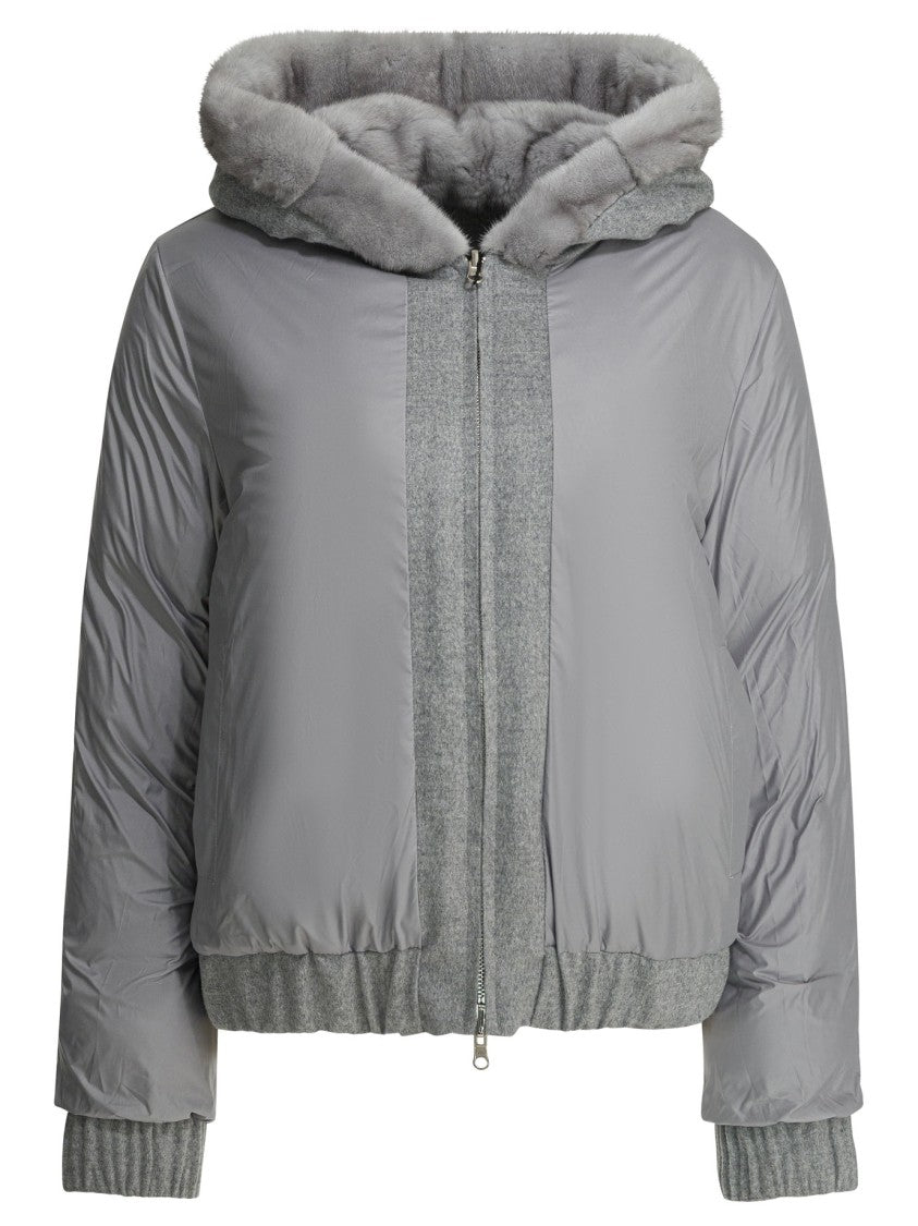Camelia Light Blue Silk-Cashmere Short Coat With Mink Fur Details