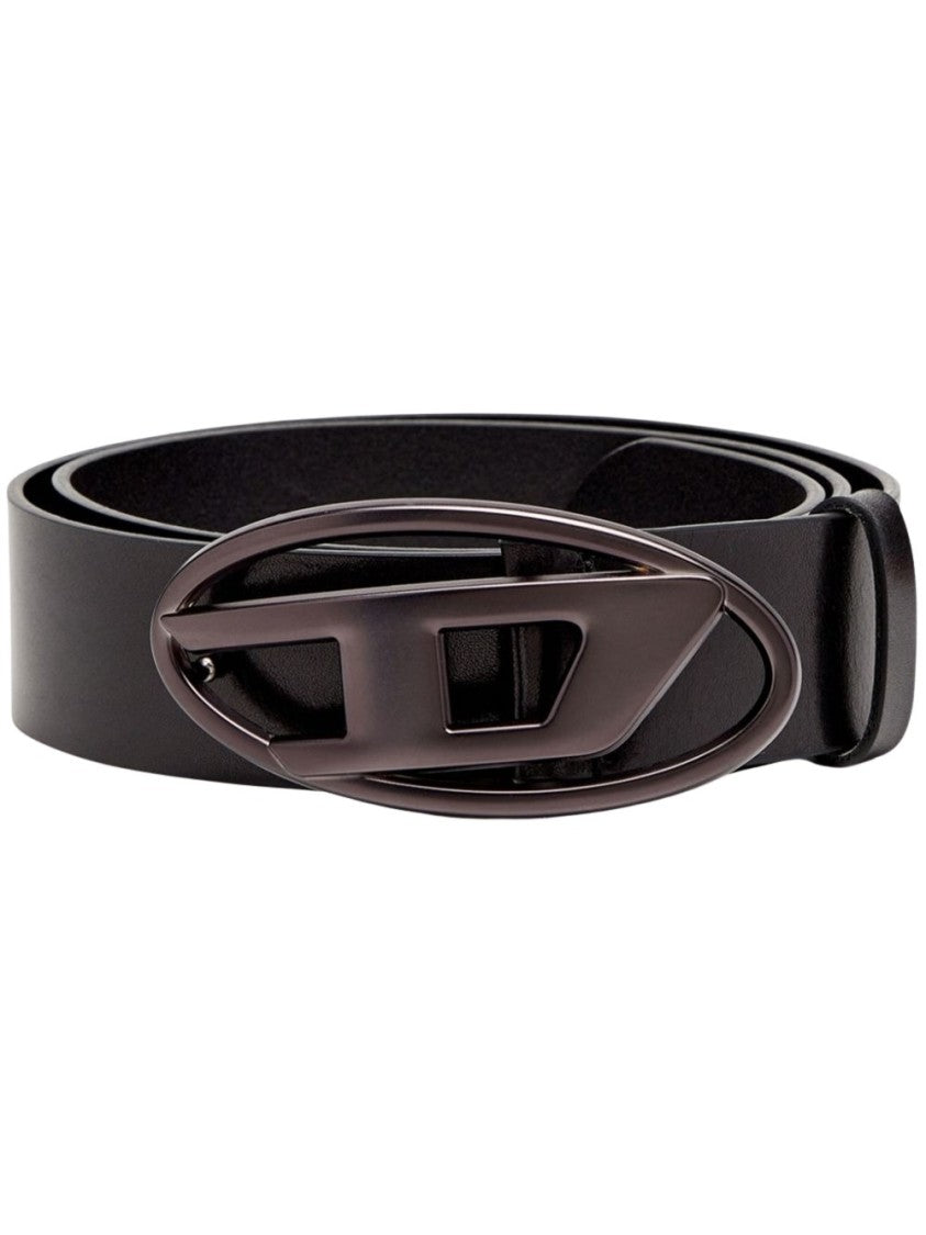 Diesel Black Leather Belt With Geometric Oval Buckle