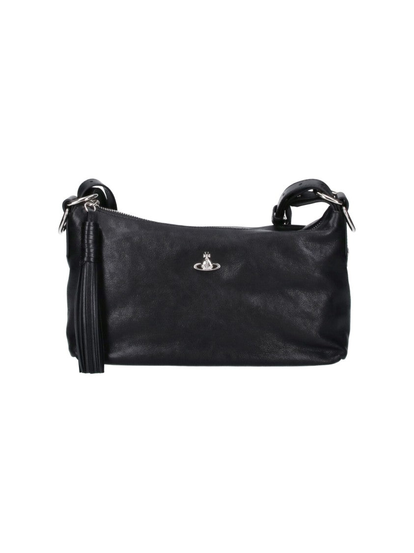 Vivienne Westwood Black Leather Shoulder Bag With Zip Closure And Orb Emblem