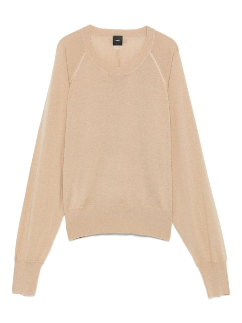 Pinko Relaxed Fit Beige Wool Crew Neck Sweater