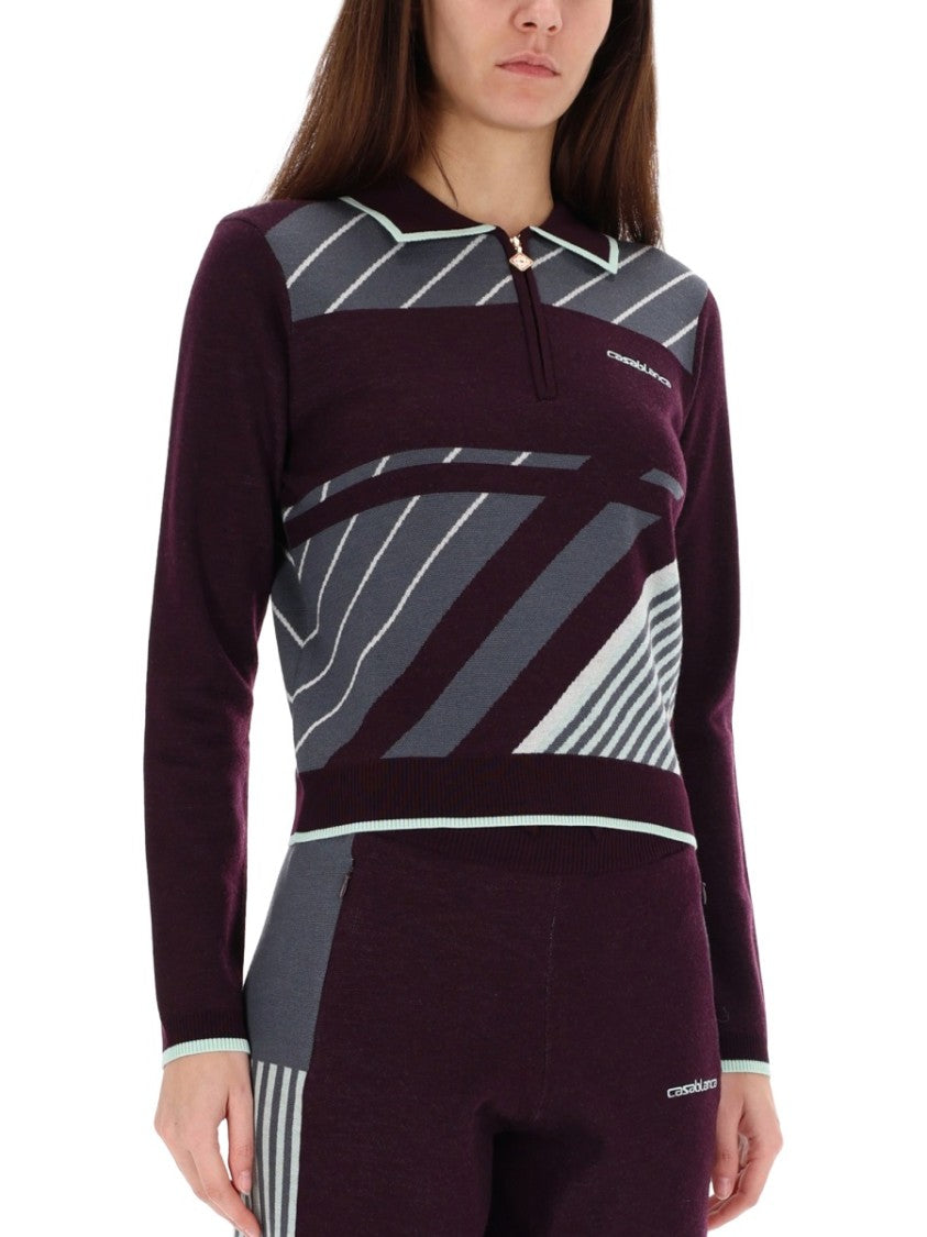 Casablanca Fitted Long-Sleeve Polo With Zip-Up Collar And Diagonal Stripes