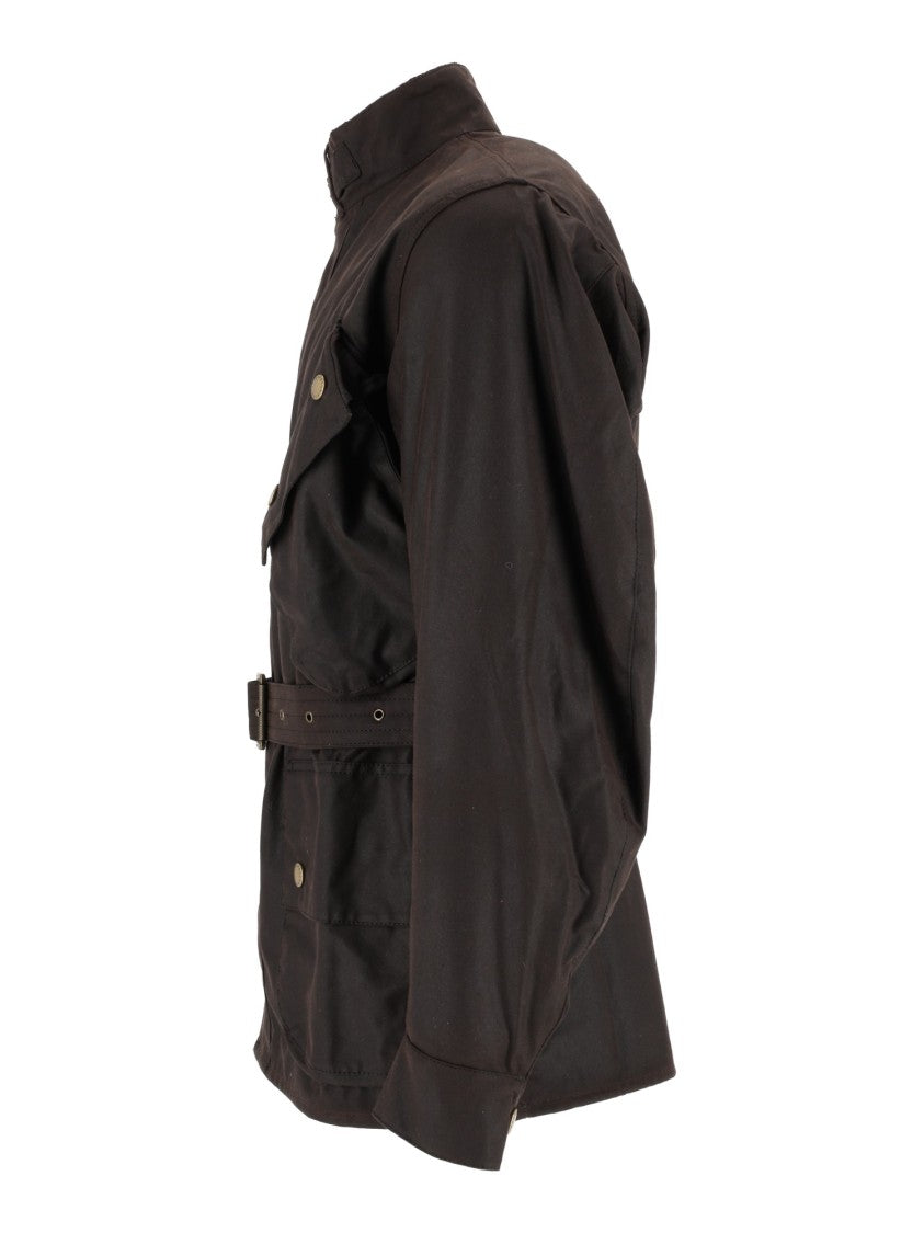 Barbour Brown Waxed Cotton Jacket With Belted Waist And Functional Pockets