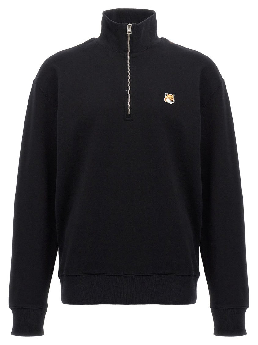 Maison Kitsuné Quarter-Zip Black Long-Sleeve Top With High Collar