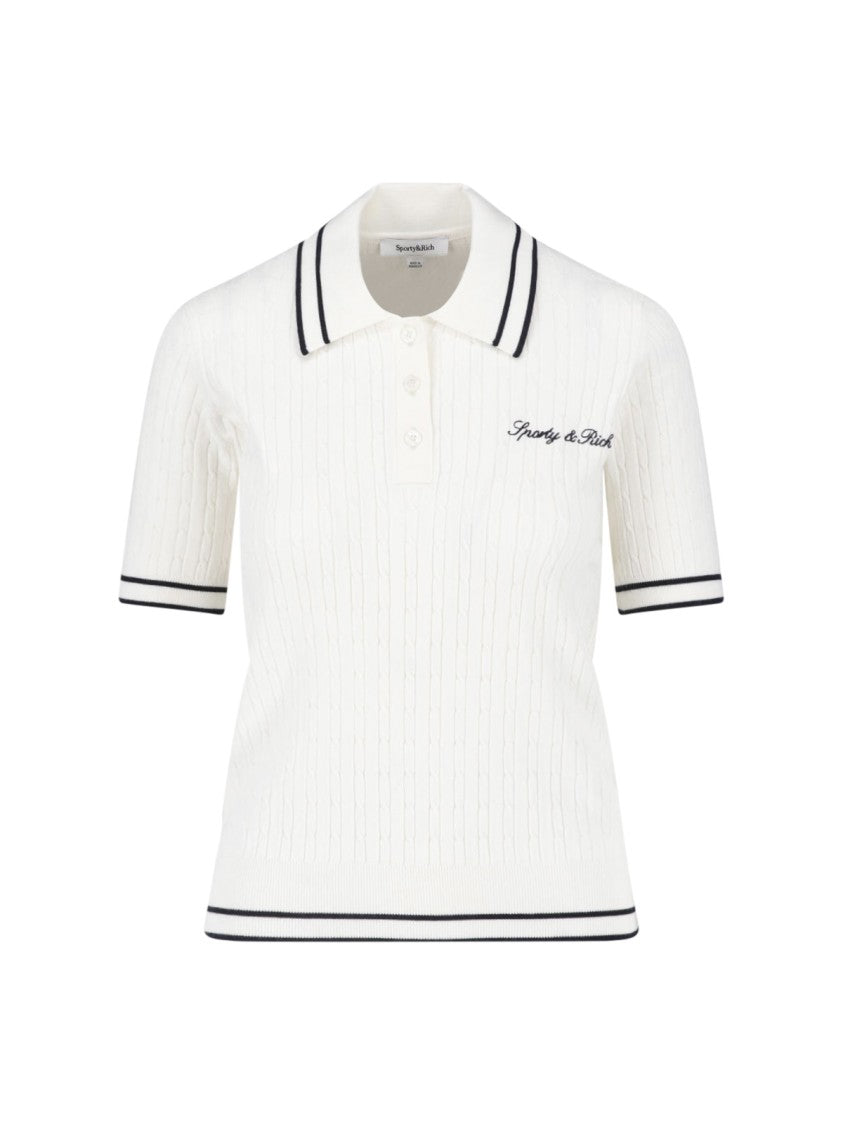 Sporty And Rich Ribbed Texture Polo Shirt With Contrasting Stripes