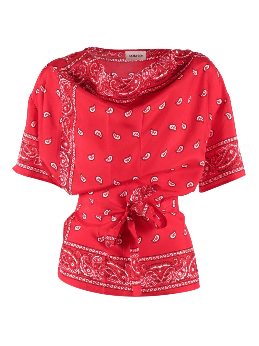 P.A.R.O.S.H. Red Silk Paisley Tie Blouse