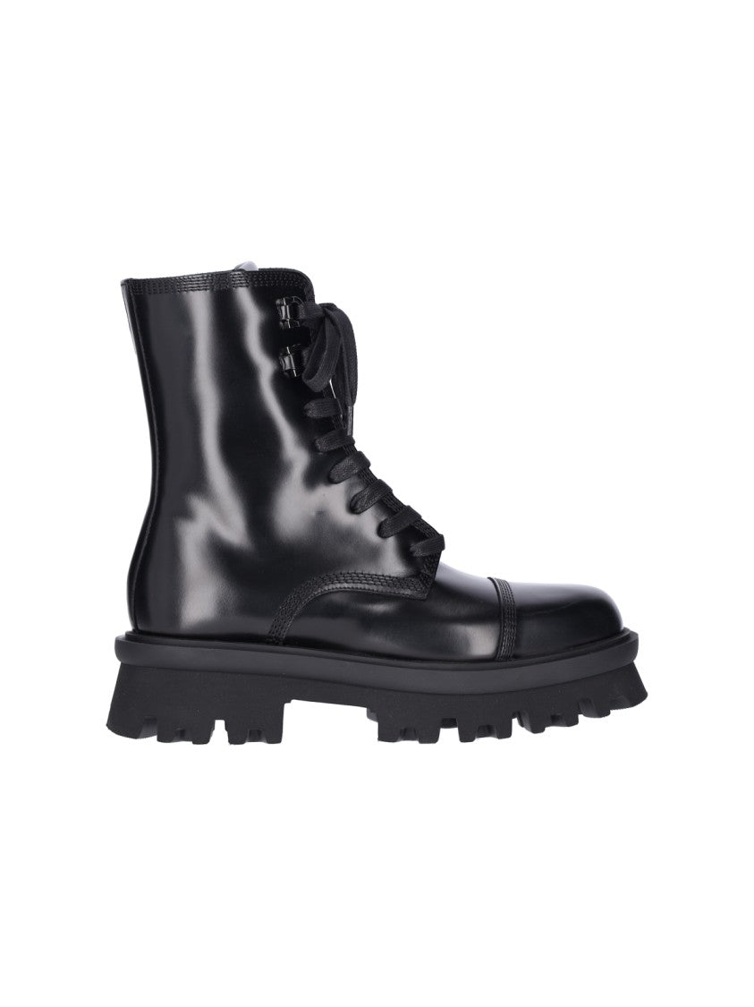 Ferragamo Glossy Black Leather Combat Boots