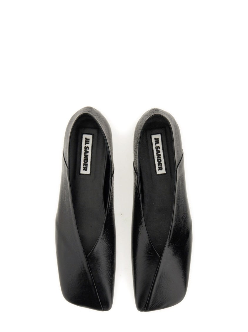 Jil Sander Pointed Black Leather Slippers With Design