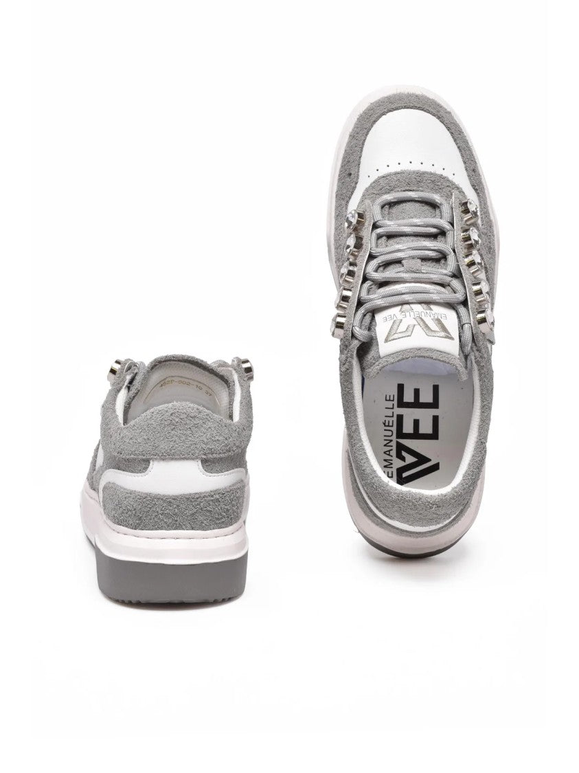 Emanuélle Vee White/Grey Suede Jewel Loop Low-Top Sneakers