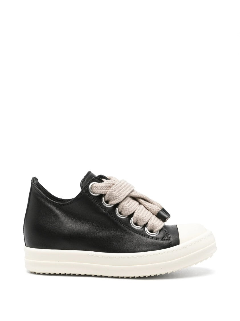 Rick Owens Low-Top Black Leather Sneakers With Oversized Beige Laces