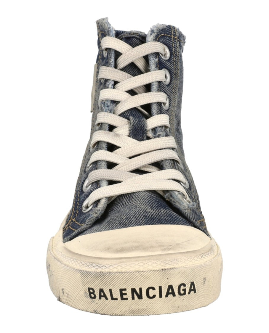 Balenciaga Faded Denim High-Top Sneakers With Frayed Trim And Distressed Sole