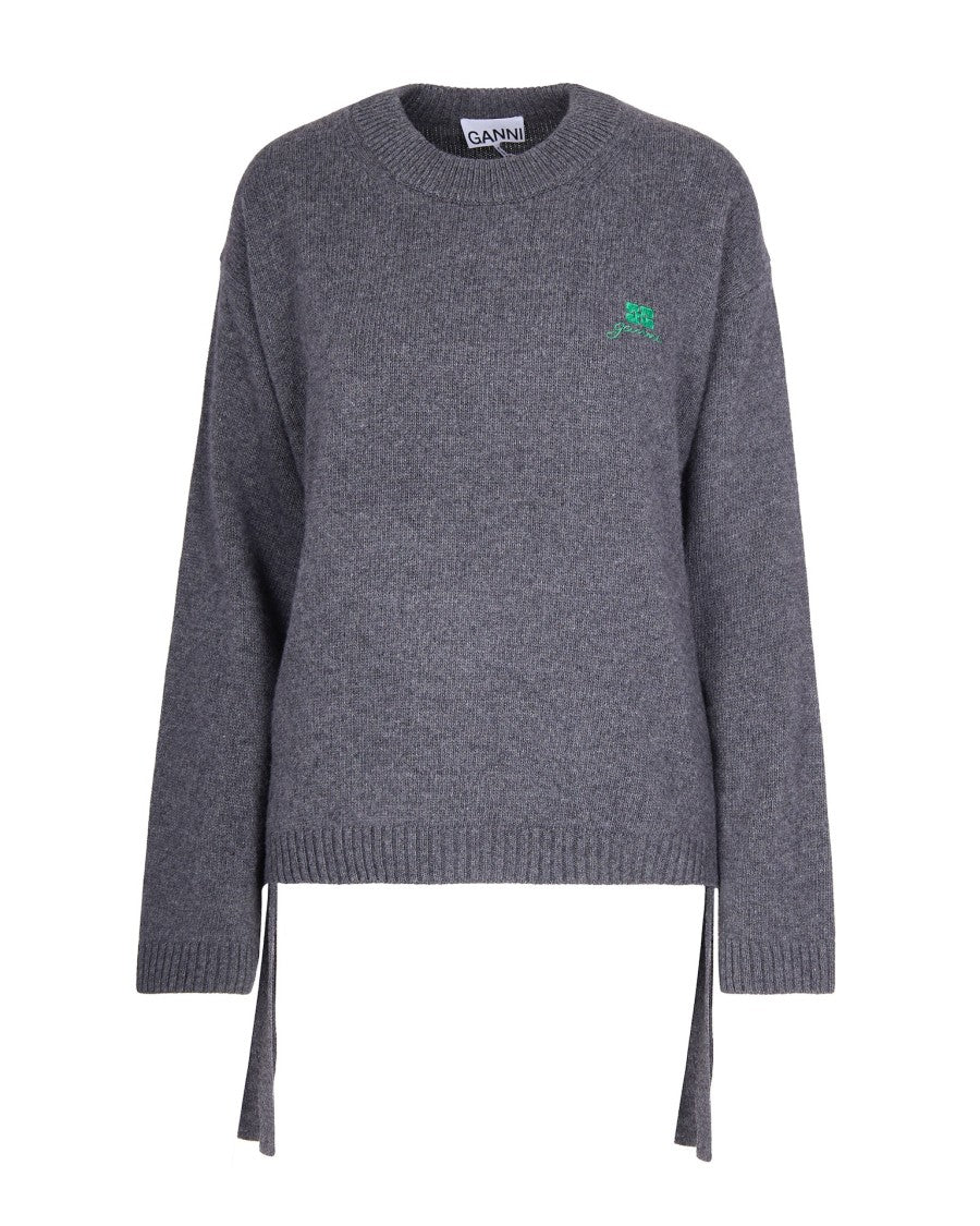 Ganni Oversized V-Neck Knit Sweater With Lace-Up Details