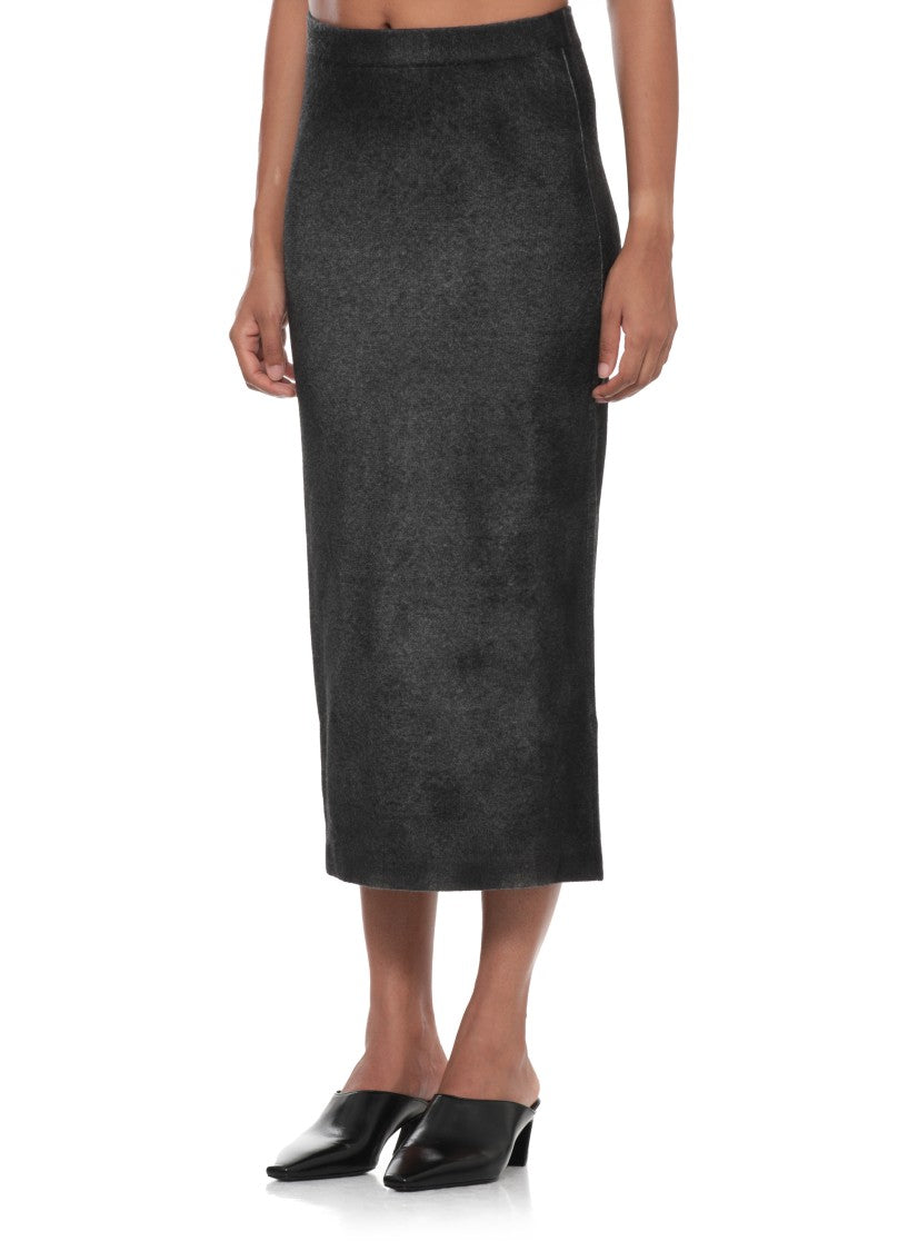 Avant Toi Black Melange Midi Skirt With Elastic Waist And Back Slit