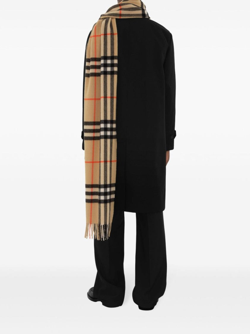 Burberry Check Pattern Cashmere Scarf With Fringed Edges