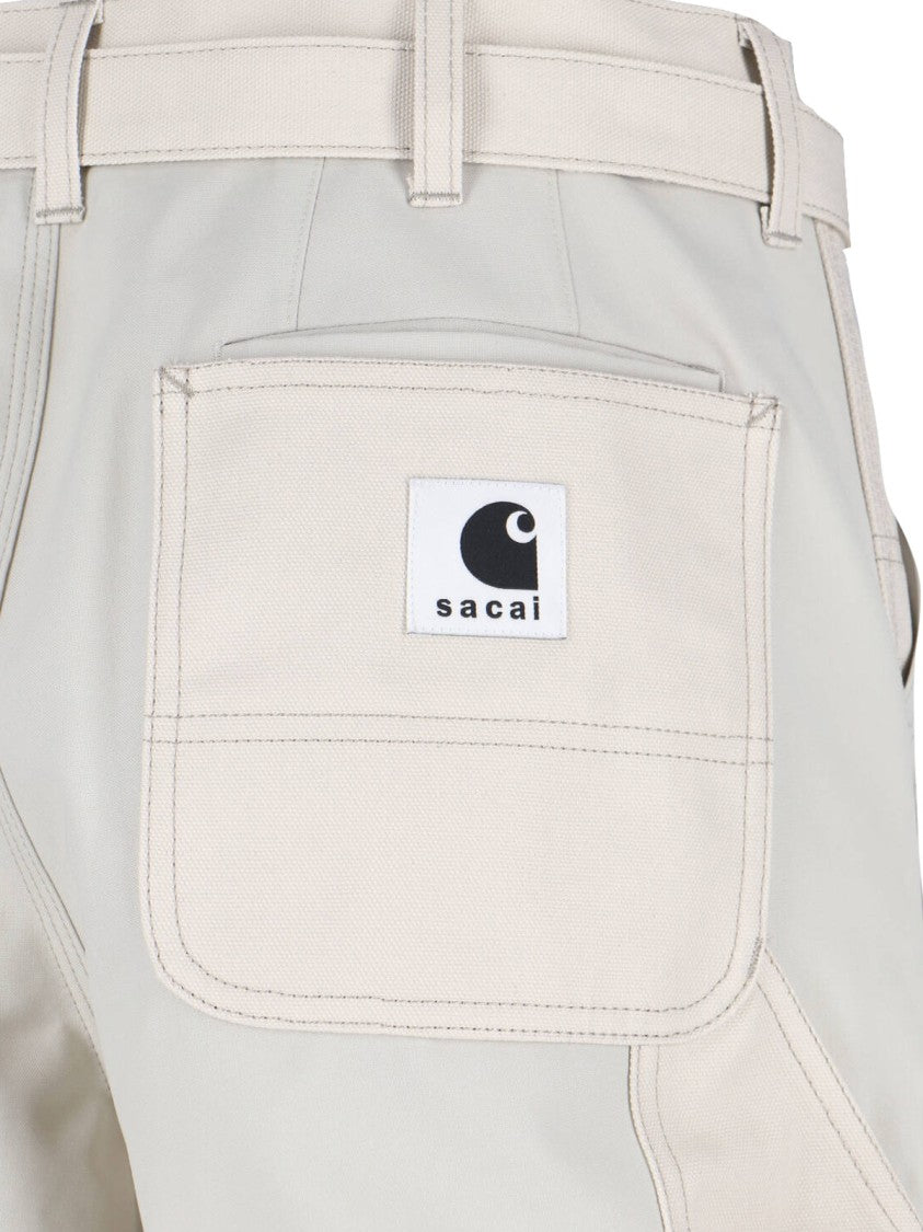Sacai Double Knee White Pants With Mid-Rise Waist And Reinforced Patches