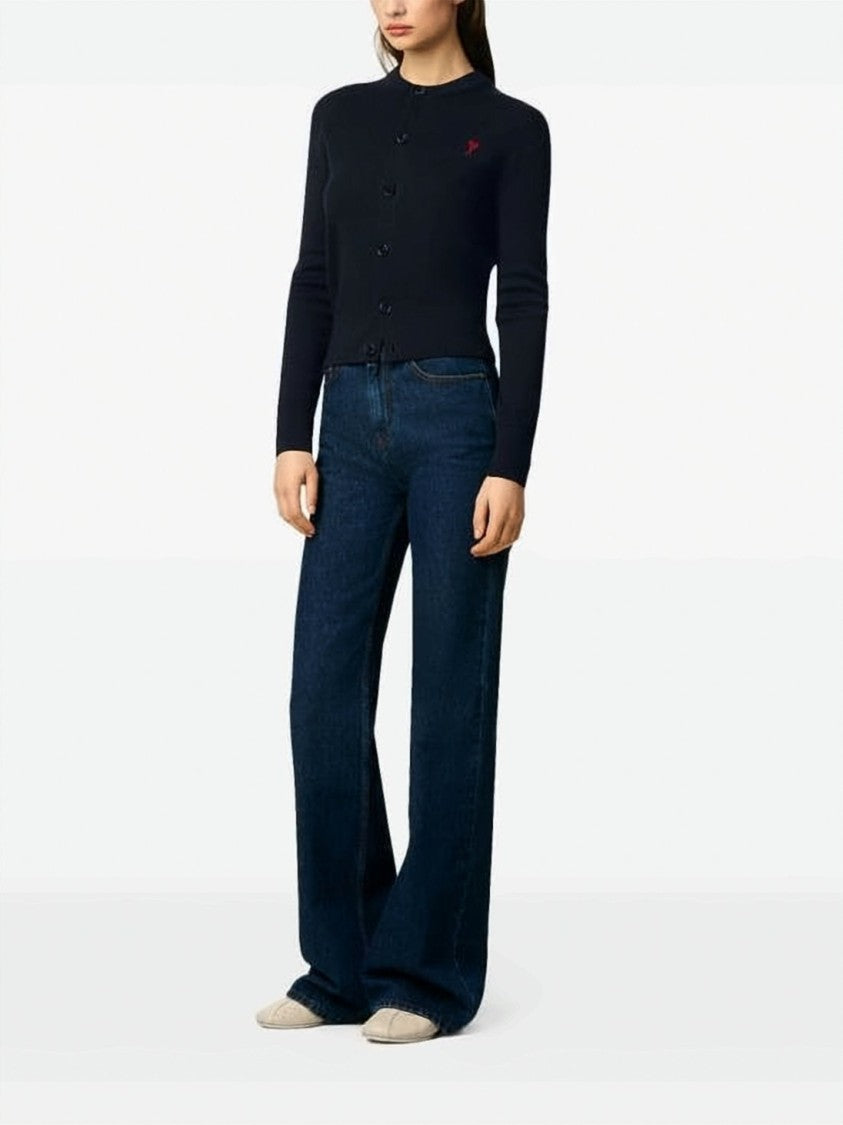 Ami Paris Crew Neck Wool Cardigan With Button-Down Front