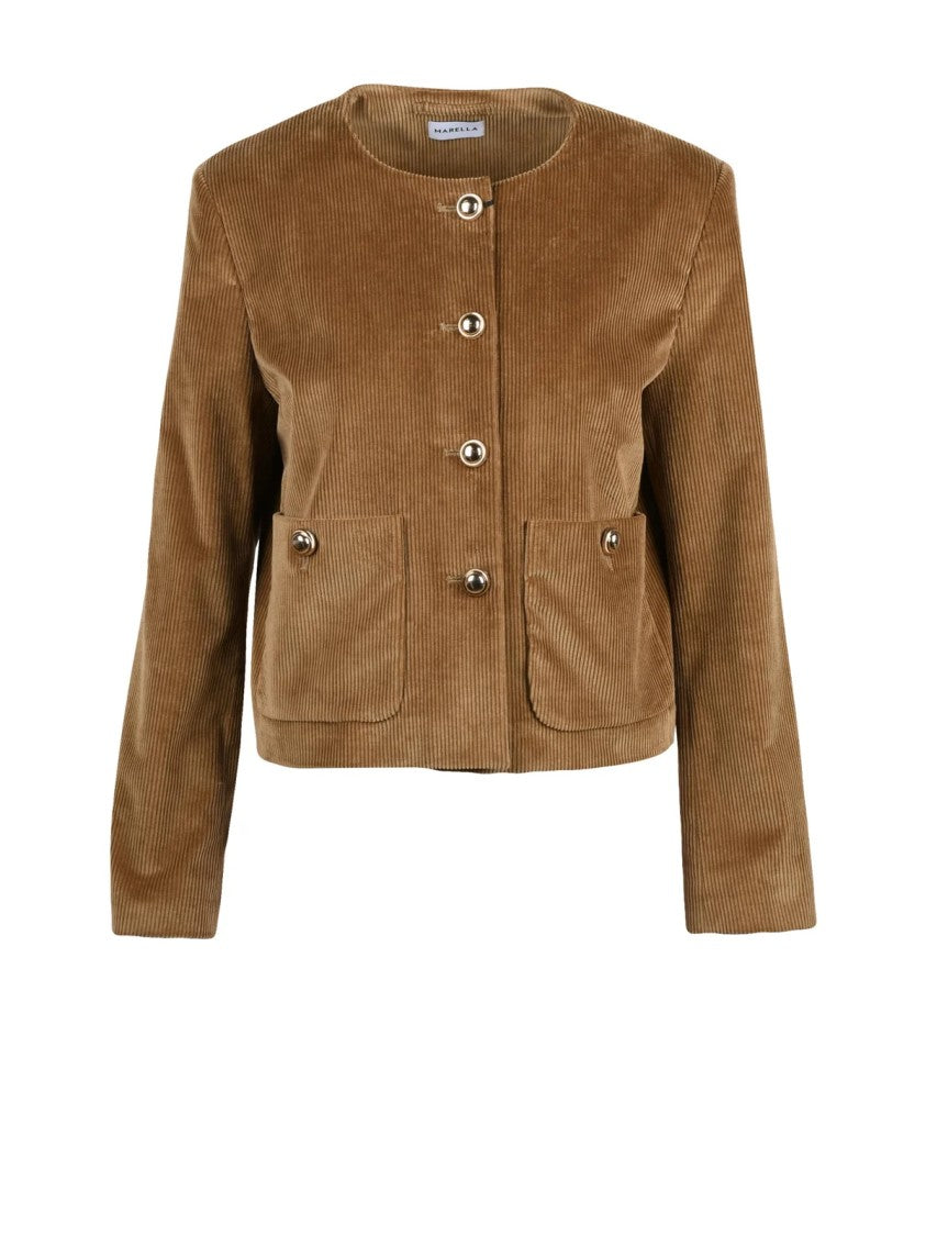 Marella Brown Corduroy Jacket With Velvet Details And Jewel Buttons