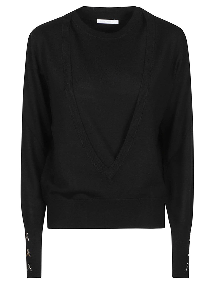 Patrizia Pepe Long Sleeve Cropped Deep V-Neck Wool Sweater