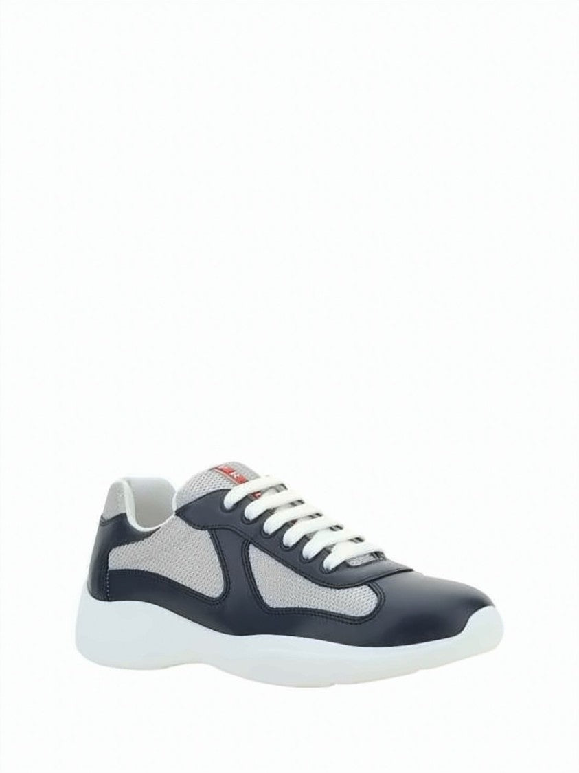 Prada Calf Leather And Mesh Panel Sneakers With Rubber Sole