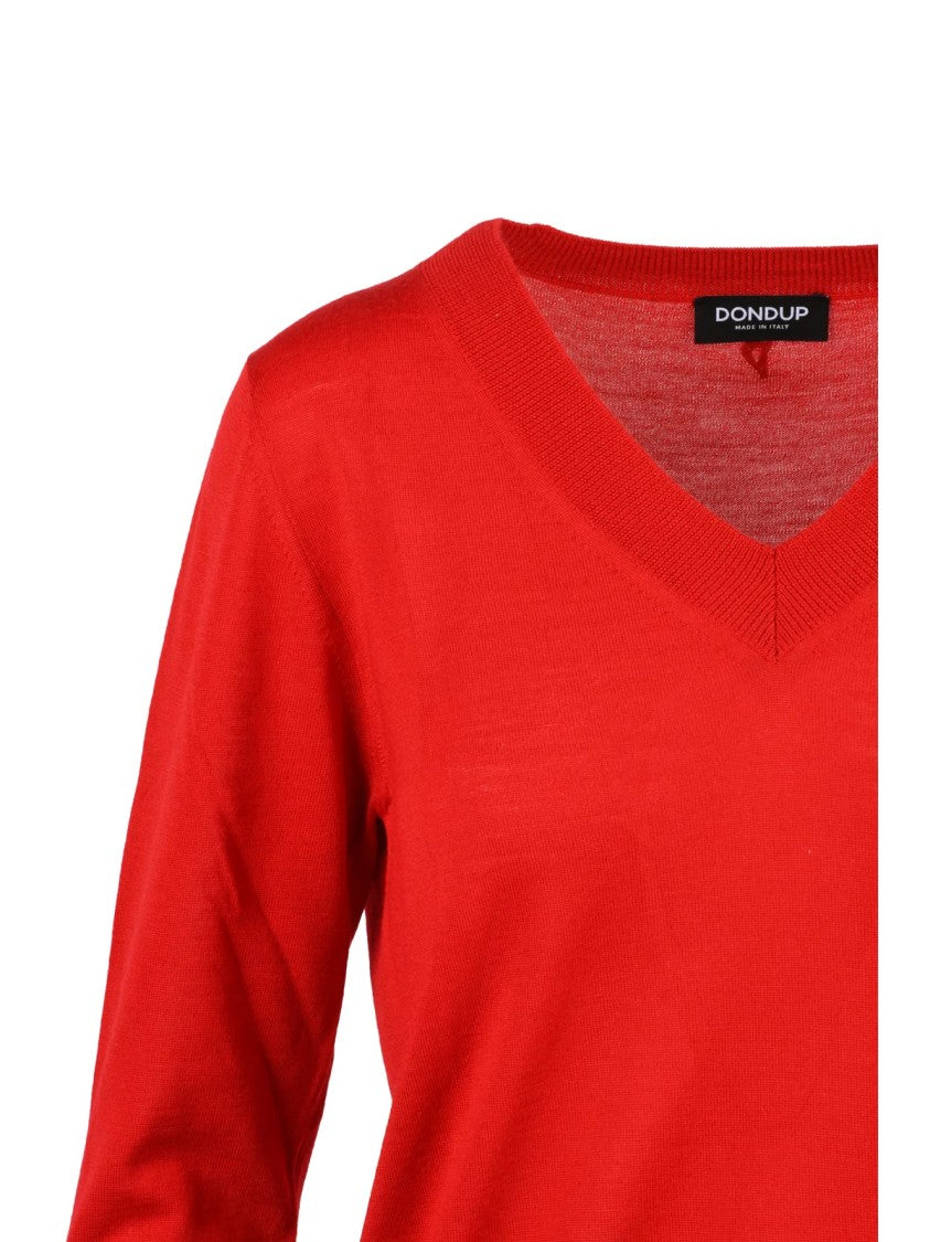 Dondup V-Neck Pullover In 100% Wool With Vibrant Red Tone