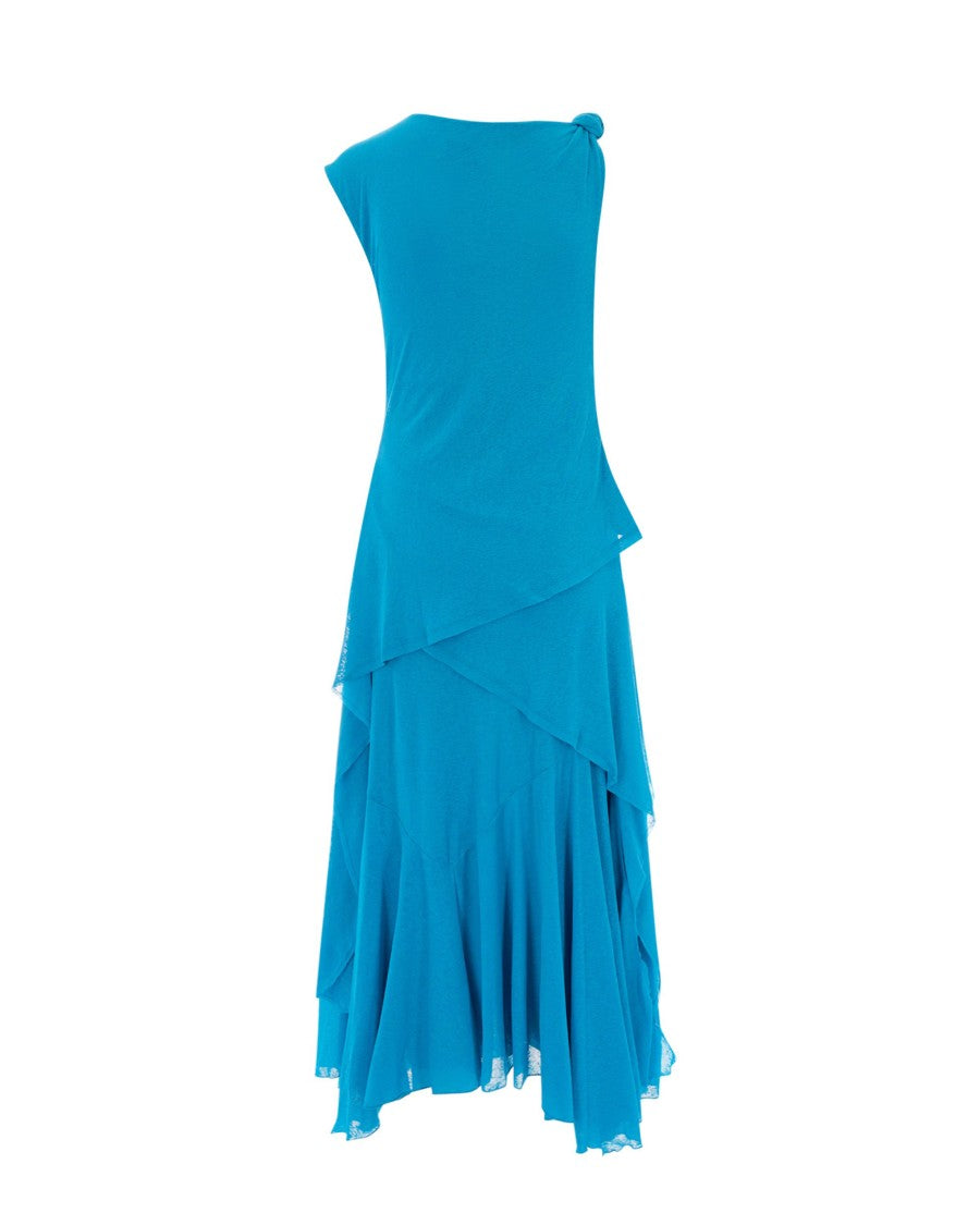 Ganni Draped Midi Dress In River Blue With Asymmetrical Hem