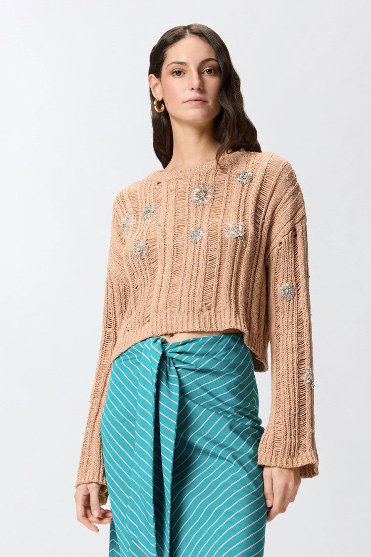 Pinko Pink Ladder-Stitch Sequin Flower Cotton-Blend Sweater