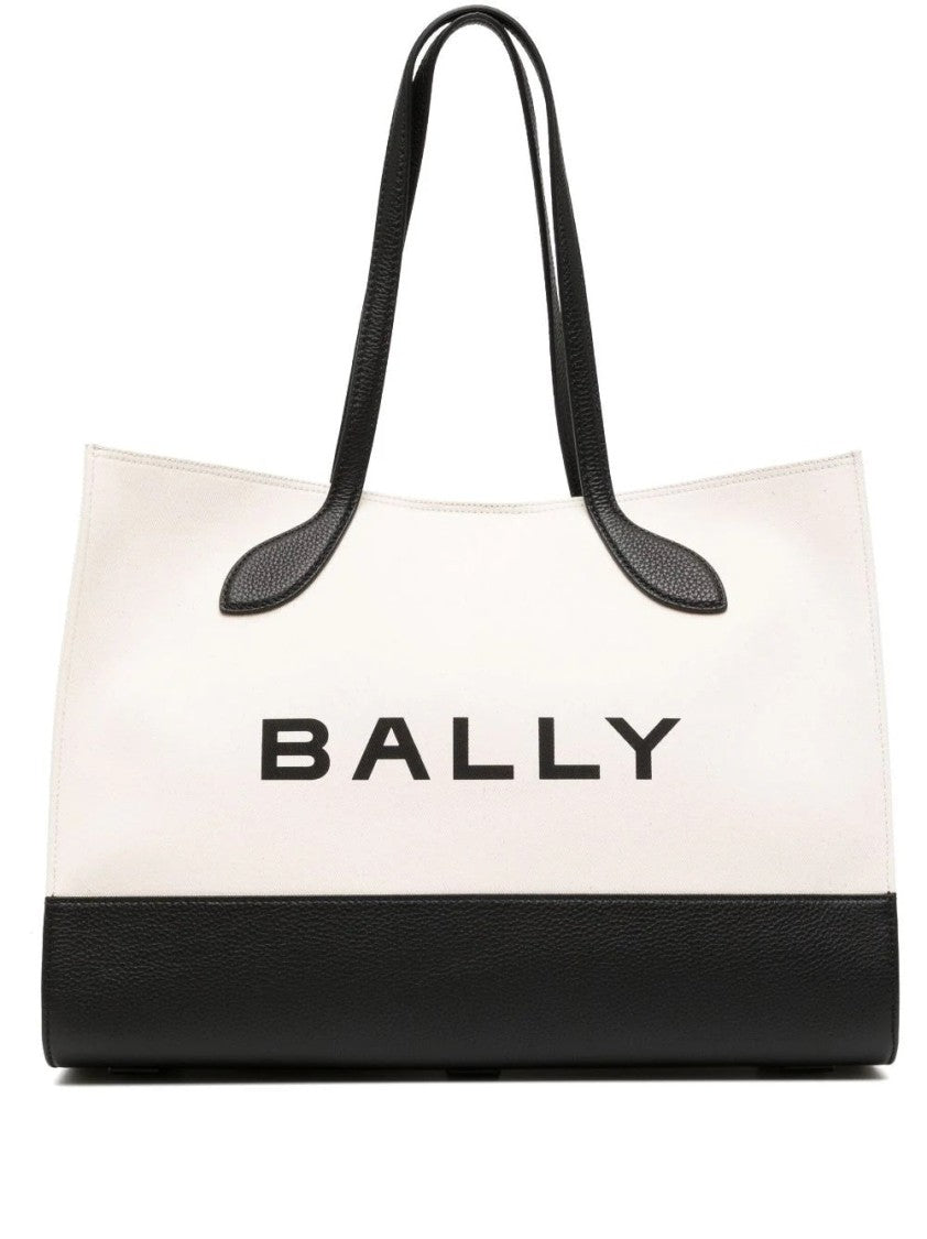 Bally Rectangular Beige Canvas Tote Bag With Black Leather Accents