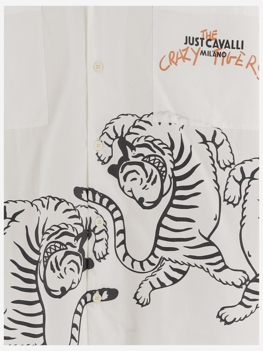 Just Cavalli Short-Sleeve Cotton Shirt With Bold Tiger Print And Logo Details