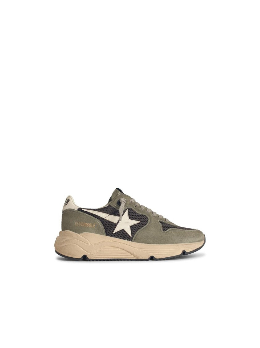 Golden Goose Running Sole' Green Suede Sneakers With White Leather Accents