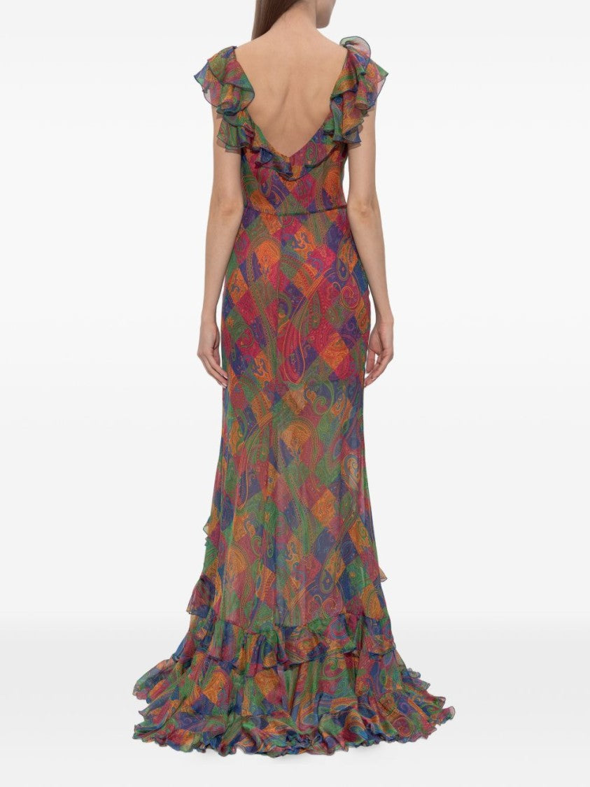 Etro Multicolor Silk Maxi Dress With Ruffled Detailing