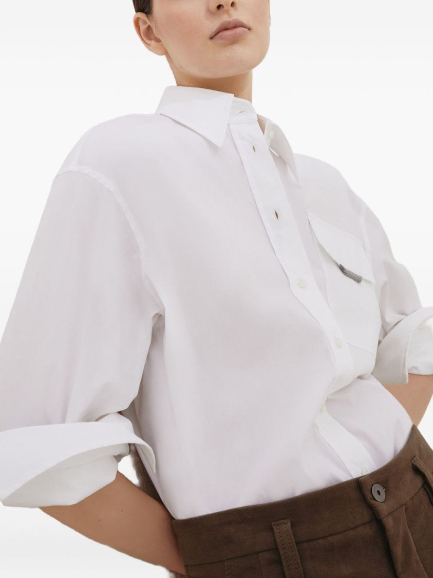Brunello Cucinelli Classic White Shirt With Pointed Collar And Modern Mesh Detail