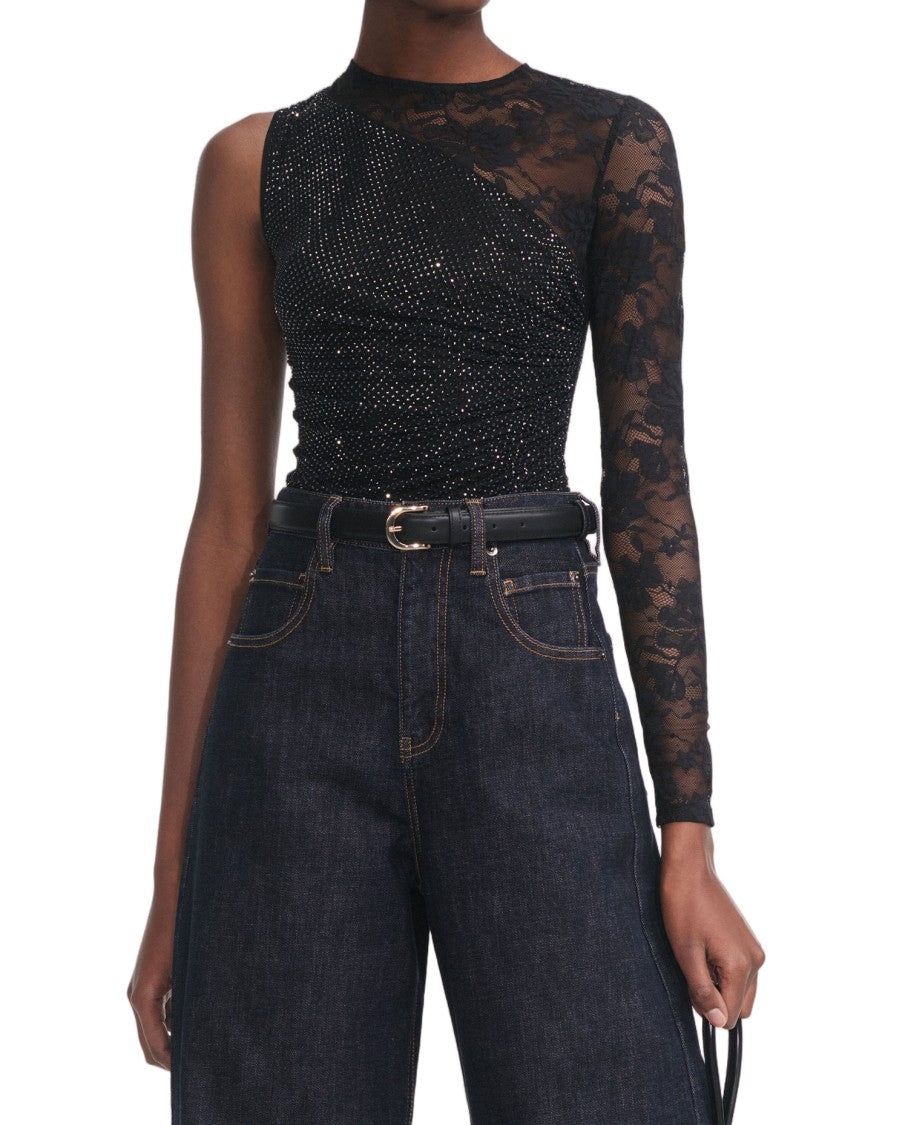 Self-Portrait Asymmetrical One-Shoulder Top With Lace And Rhinestone Embellishments