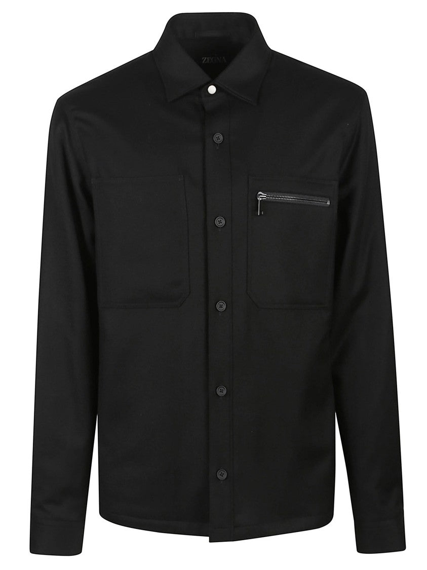 Zegna Tailored Black Wool Overshirt With Pointed Collar And Zip Pocket
