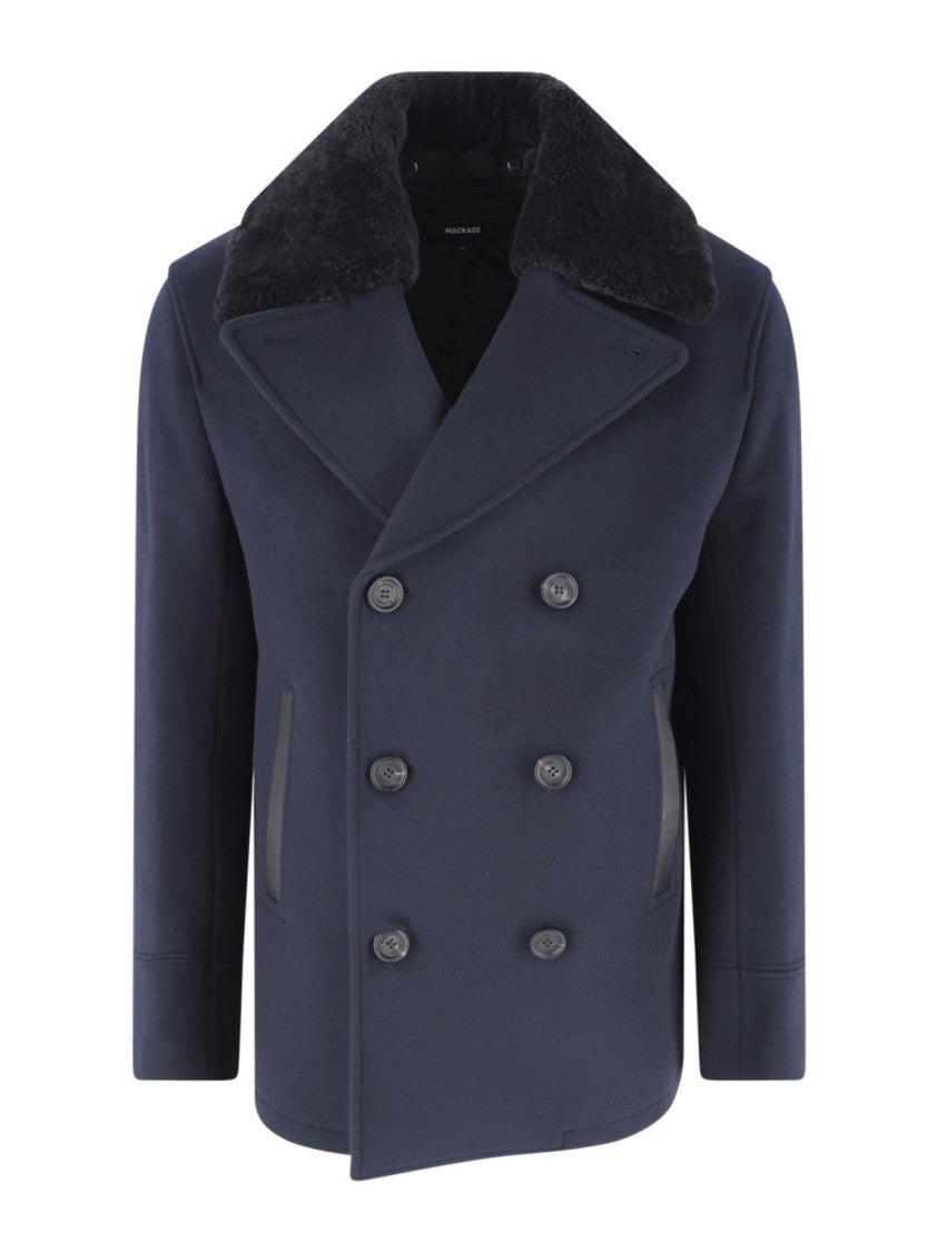 Mackage Navy Cole Double-Breasted Shearling Collar Wool Coat