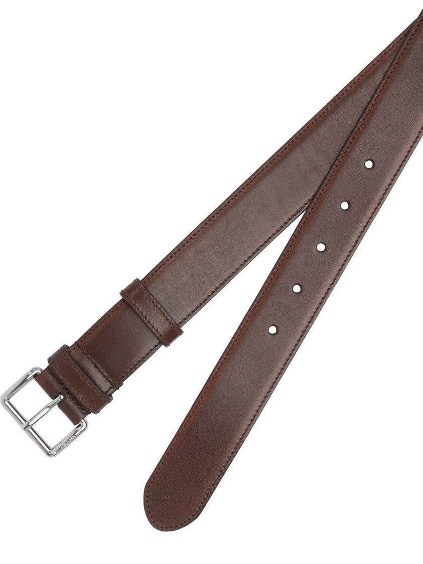 Prada Smooth Ebony Finish Belt With Polished Texture