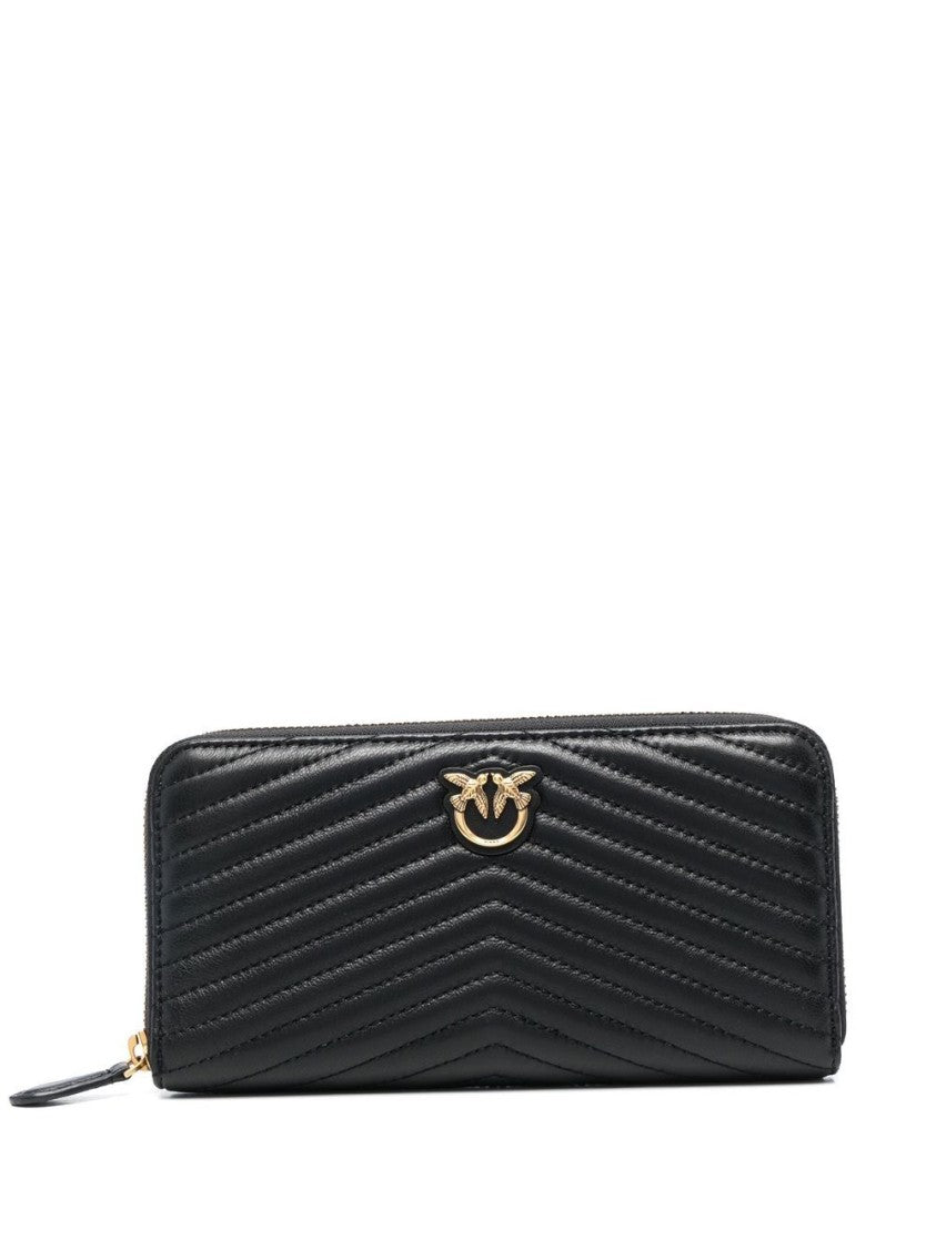 Pinko Chevron Quilted Zip-Around Wallet In Nero E Oro