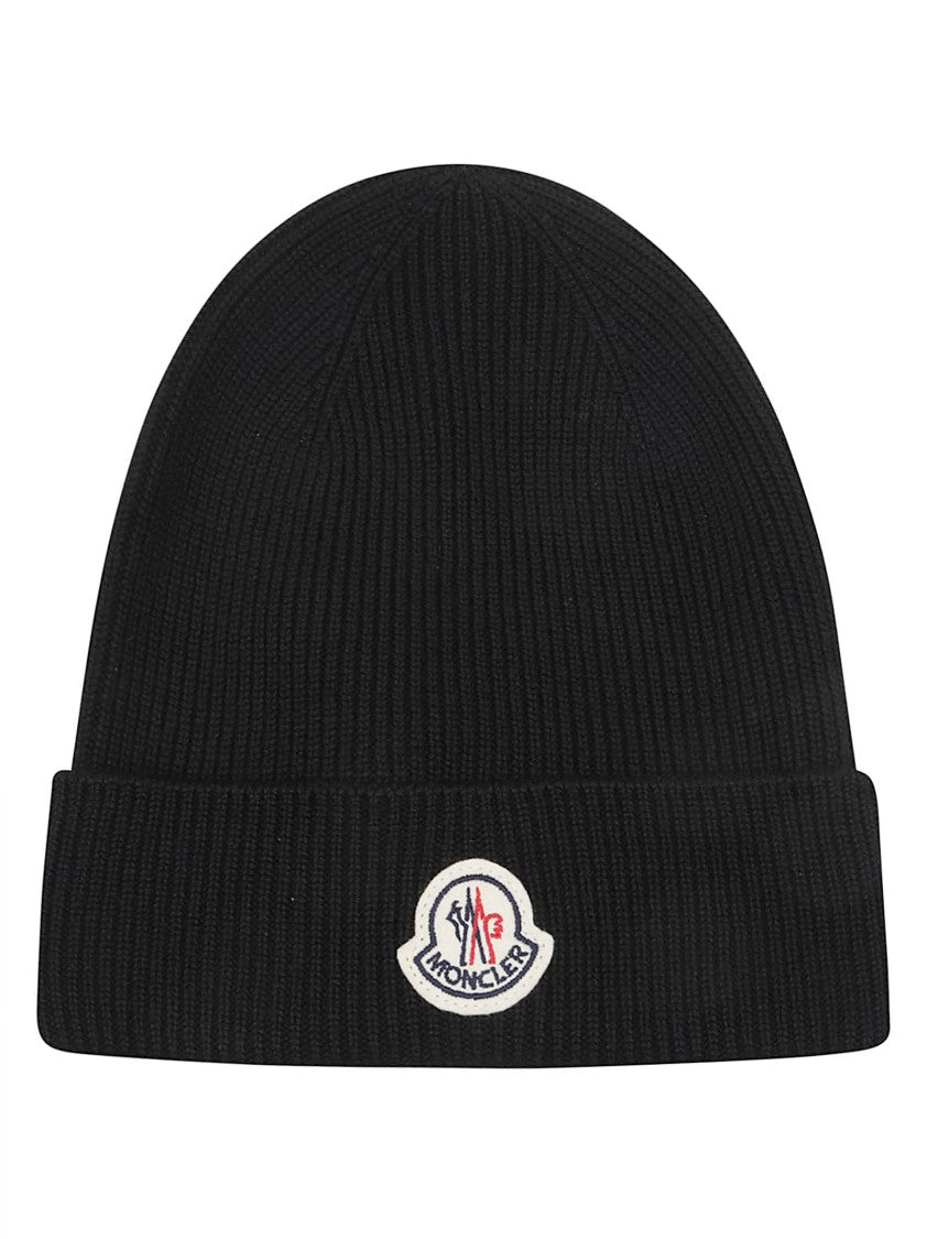 Moncler Virgin Wool Ribbed Knit Embroidered Logo Beanie