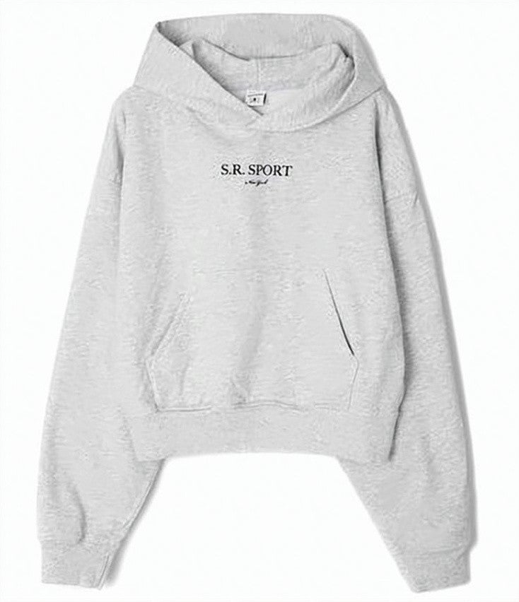 Sporty And Rich Cropped Heathered Hoodie With Front Kangaroo Pocket